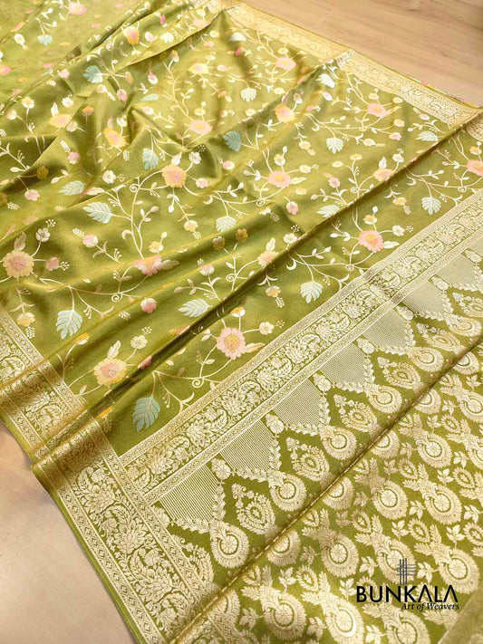 Mehandi Green Meenakari Floral Jaal Banarasi Soft Tissue Silk Saree