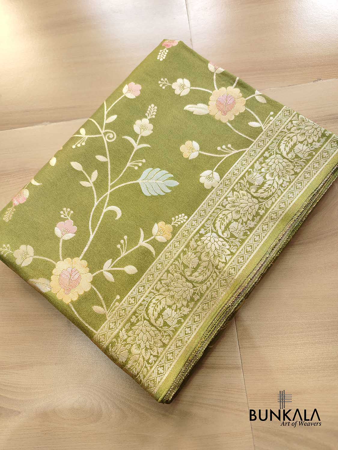 Mehandi Green Meenakari Floral Jaal Banarasi Soft Tissue Silk Saree