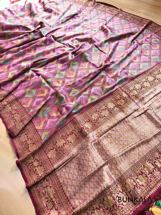 Burgundy Geometric Daimond Design Meenakari Handloom Banarasi Pure Tussar Silk Saree