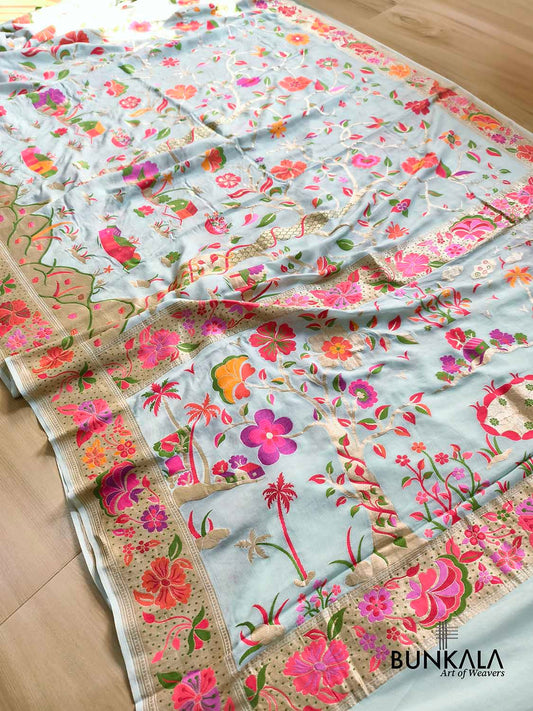 Ice Blue Meenakari Life Tree Design Handloom Banarasi Pure Tussar Silk Saree