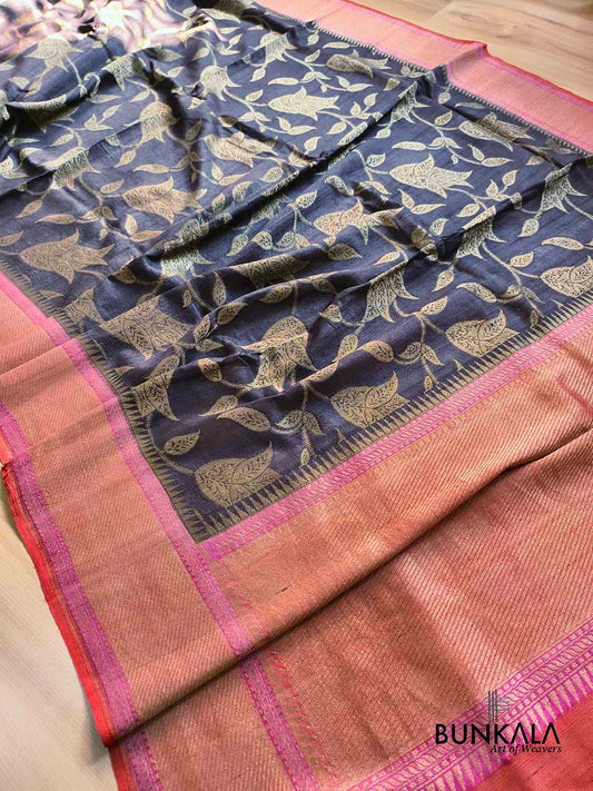 Ash Black Contrast Border Leaf Pattern Handloom Banarasi Pure Tussar Silk Saree