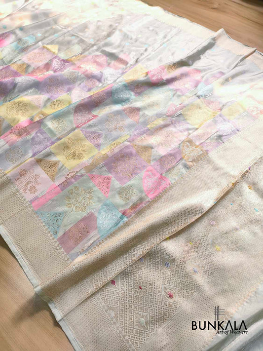 Pastel Ice Blue Multi Rangkat Kadwa Handweaved Banarasi Pure Tissue Silk Saree