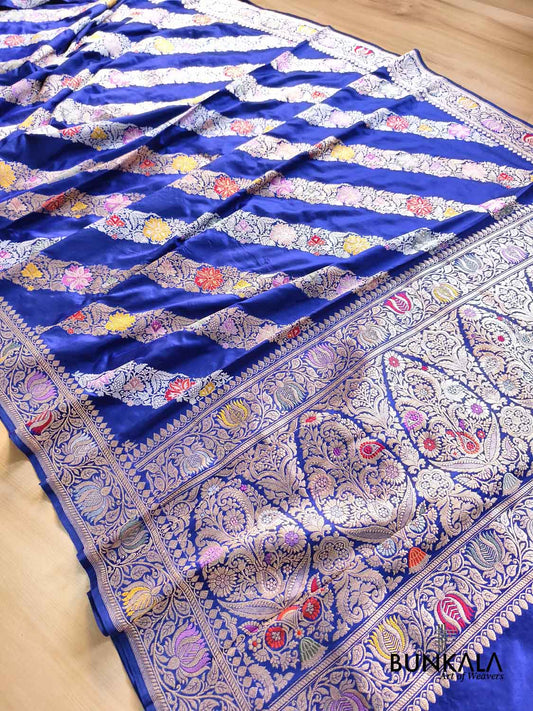 Royal Blue Leheriya Ada Stripes Meenakari Kadwa Handweaved Banarasi Pure Katan Silk Saree