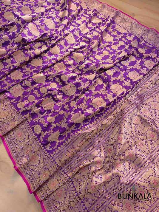 Purple Handweaved Kadwa Jangla Design Meenakari Pure Katan Silk Banarasi Saree