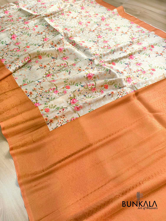 Orange Digital Floral Printed Tanchui Banarasi Silk Saree