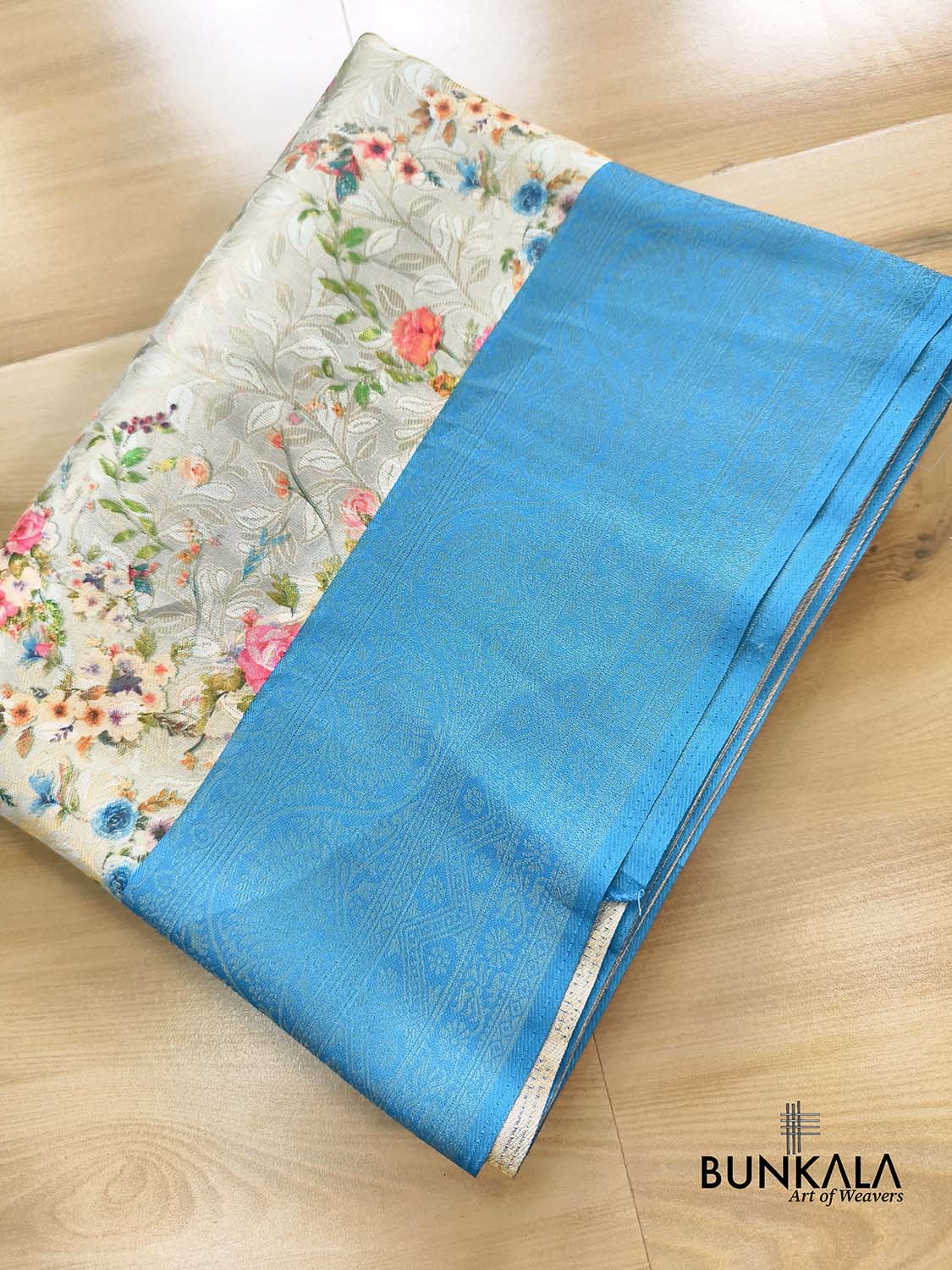 Blue Digital Floral Printed Tanchui Banarasi Silk Saree