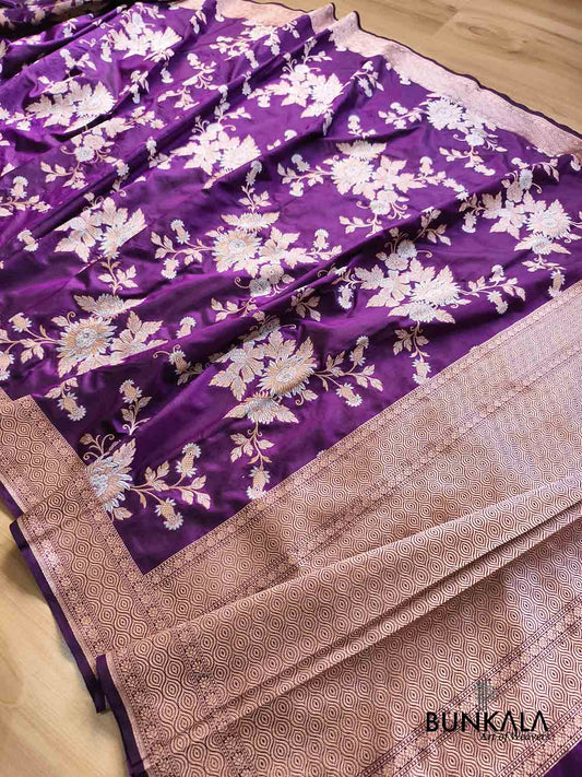 Deep Purple Sona Rupa Big Floral Bunches Motif Jaal Handloom Banarasi Pure Katan Silk Saree