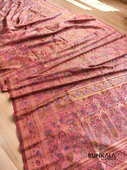 Peach Rangkat Jamewar Mughal Pattern Weaved Banarasi Mashru Silk Saree
