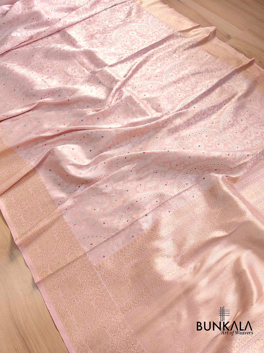 Light Pink Brocade Heritage Design Pure Katan Silk Handloom Meenakari Gold and Silver Zari Banarasi Saree