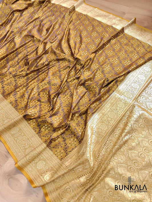 Mustard Yellow Mashru Silk Jamewar Weaved Banarasi Saree