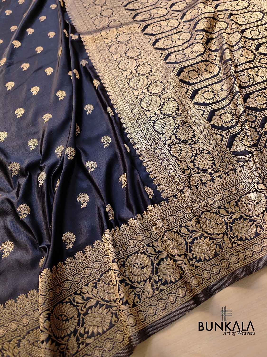 Jet Black Soft Mashru Silk Allover Small Buti Weaved Banarasi Saree