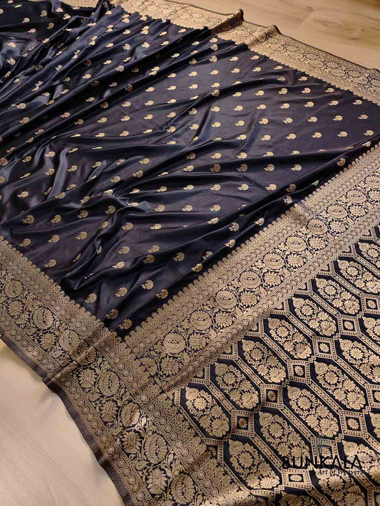 Jet Black Soft Mashru Silk Allover Small Buti Weaved Banarasi Saree