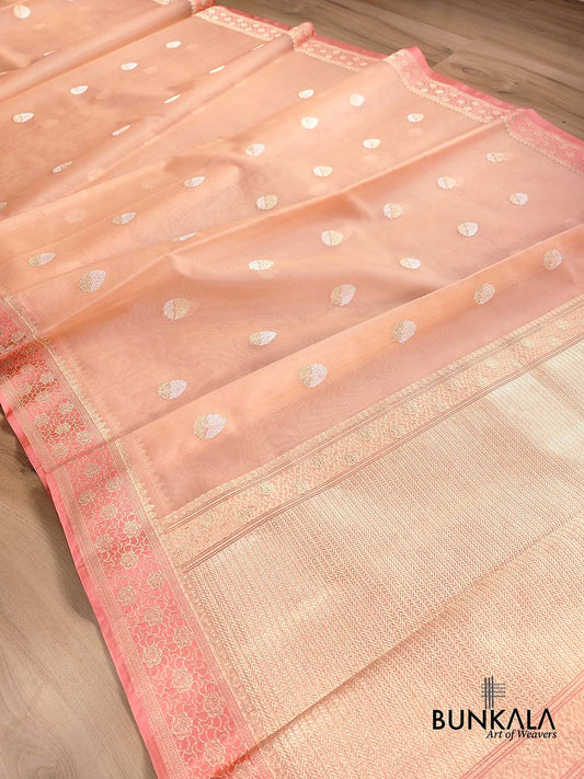 Peach Kadwa Buta Handweaved Banarasi Pure Organza Silk Saree