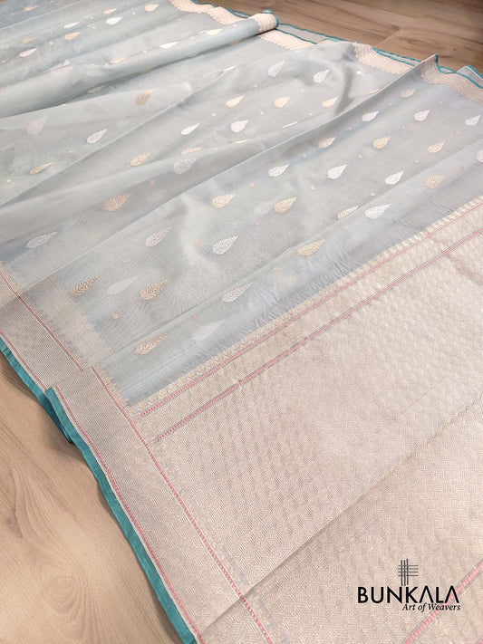Ice Blue Kadwa Buti Handweaved Banarasi Pure Organza Silk Saree