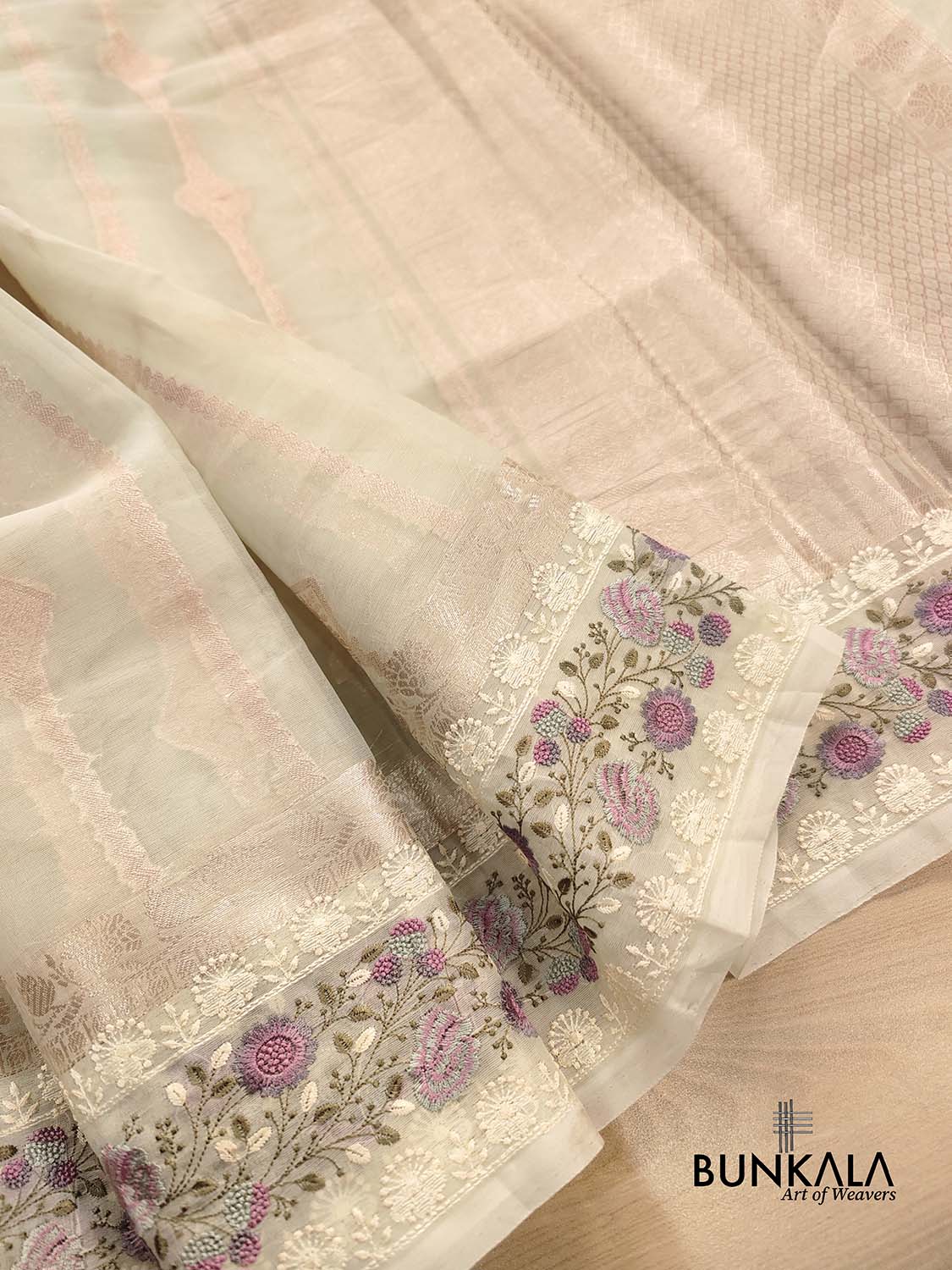 Pista Green Stripe Banarasi Embroidered Border Organza Saree