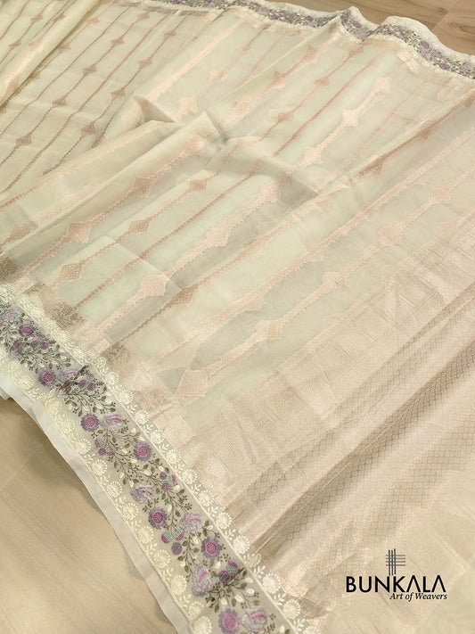 Pista Green Stripe Banarasi Embroidered Border Organza Saree