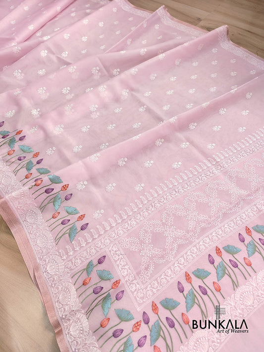 Baby Pink Floral Pichwai Design Embroidered Organza Saree