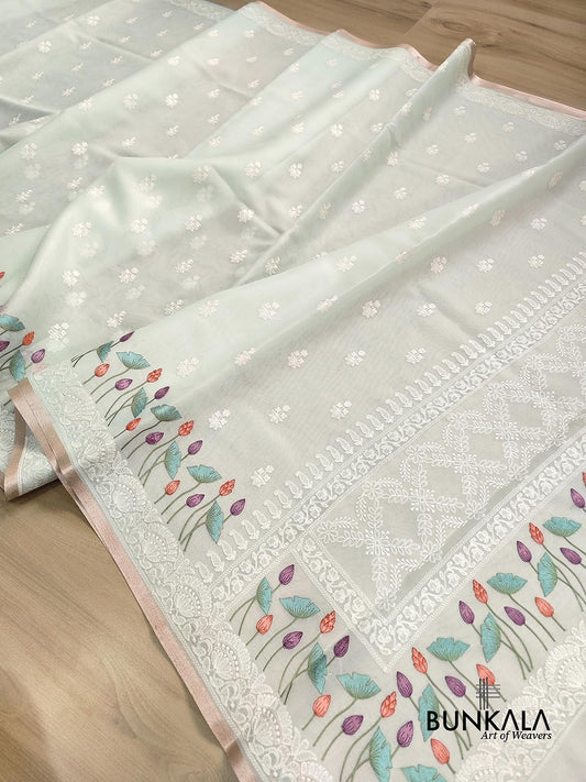 Pastel Blue Floral Pichwai Design Embroidered Organza Saree