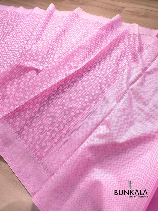 Light Pink Resham Work Allover Straight Line Buti Banarasi Cotton Saree