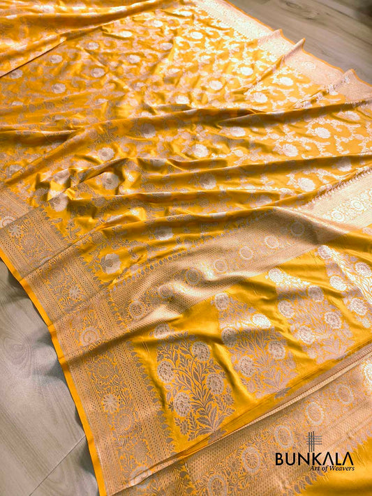Haldi Yellow Sona Rupa Floral Jaal Handloom Banarasi Pure Katan Silk Saree