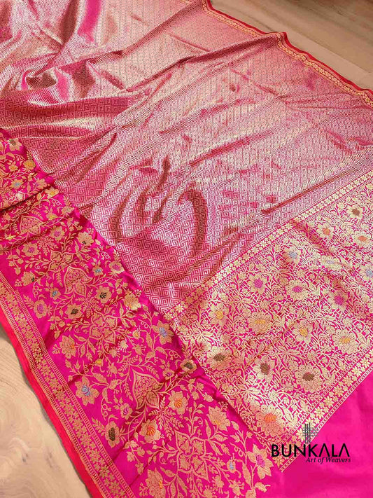 Pink Geometrical Design Tanchui Body Handloom Pure Katan Silk Big Meenakari Skirt Border Banarasi Saree