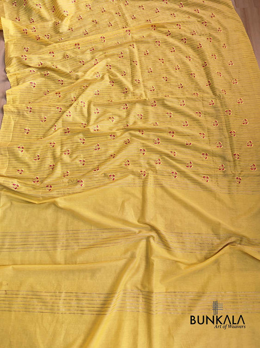 Yellow Cotton Embroidered Meenakari Floral Buti Work Saree