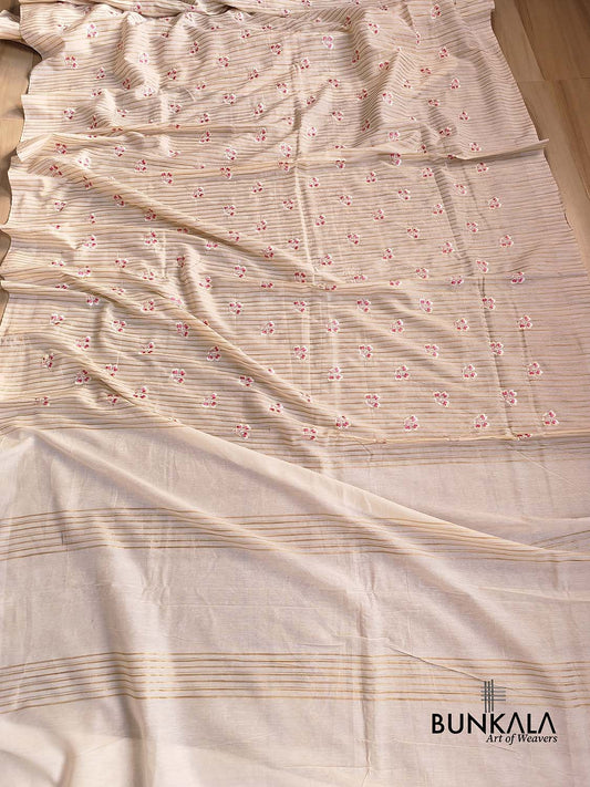 Off White Cotton Embroidered Meenakari Floral Buti Work Saree