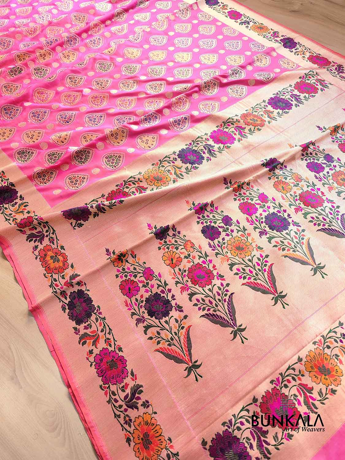 Pink Multi Meenakari Buta Floral Border Kadwa Handweaved Banarasi Pure Katan Silk Saree