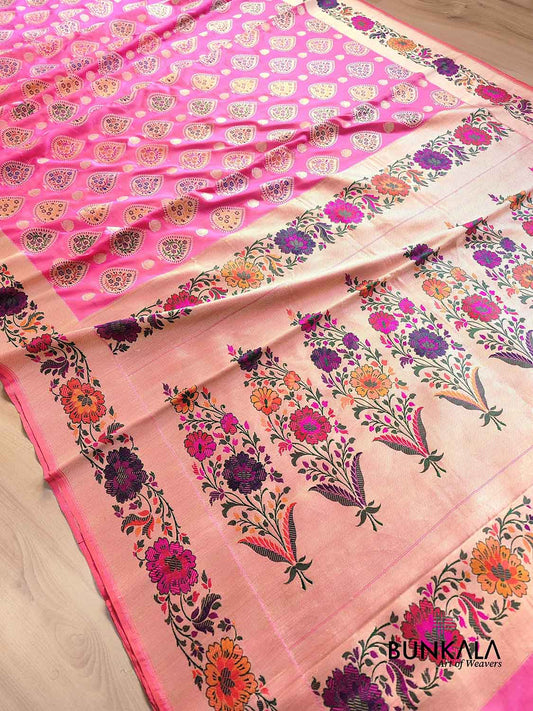 Pink Multi Meenakari Buta Floral Border Kadwa Handweaved Banarasi Pure Katan Silk Saree