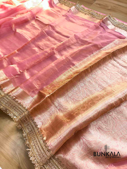Pink Embroidered Stylish Lace Work Zari Border Banarasi Plain Pure Tissue Silk Saree