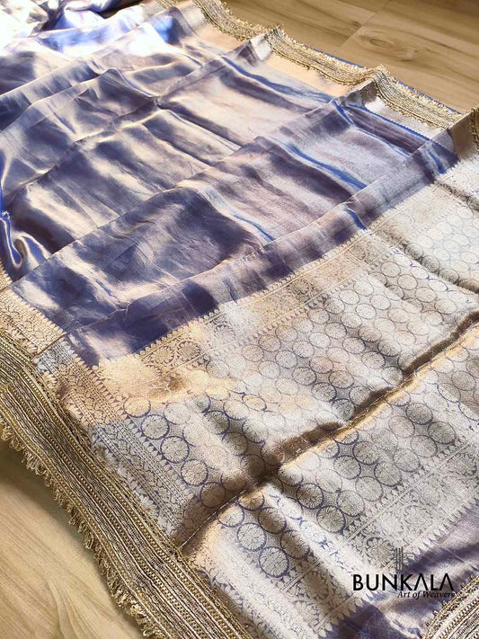 Blue Embroidered Stylish Lace Work Zari Border Banarasi Plain Pure Tissue Silk Saree