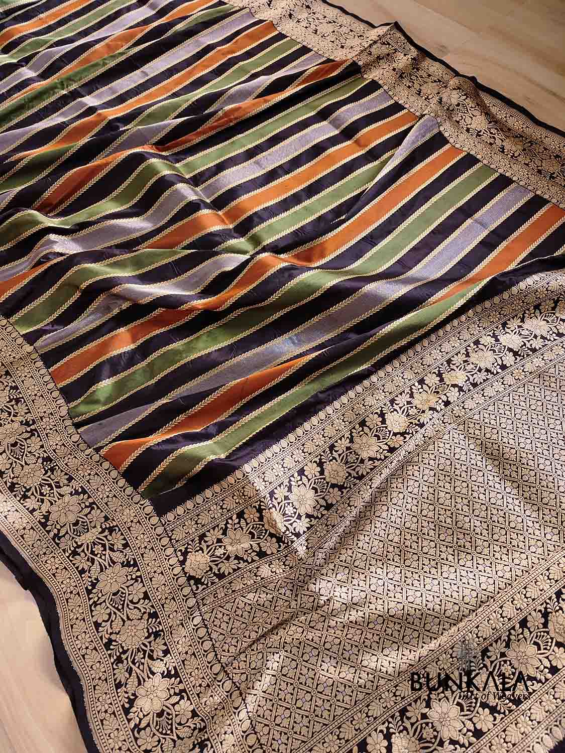Jet Black Multicoloured Stripes Pure Katan Silk Handloom Banarasi Saree