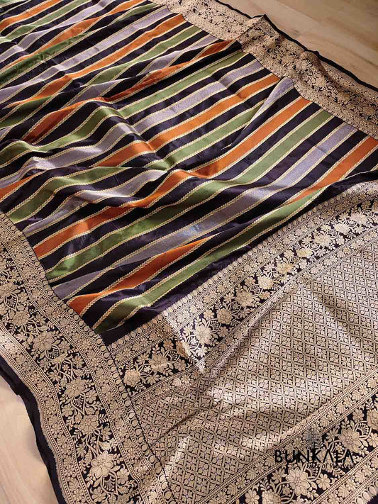 Jet Black Multicoloured Stripes Pure Katan Silk Handloom Banarasi Saree