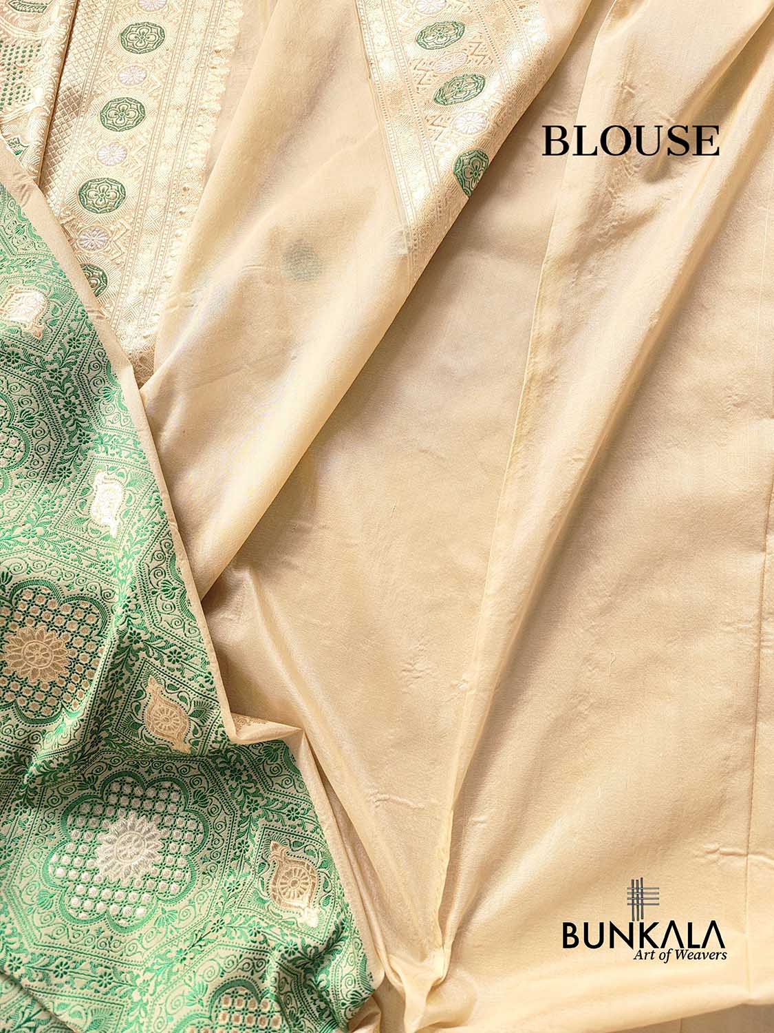 Beige and Green Jharokha Mughal Design Sona Rupa Zari Pure Silk by Georgette Kadwa Handweaved Banarasi Saree