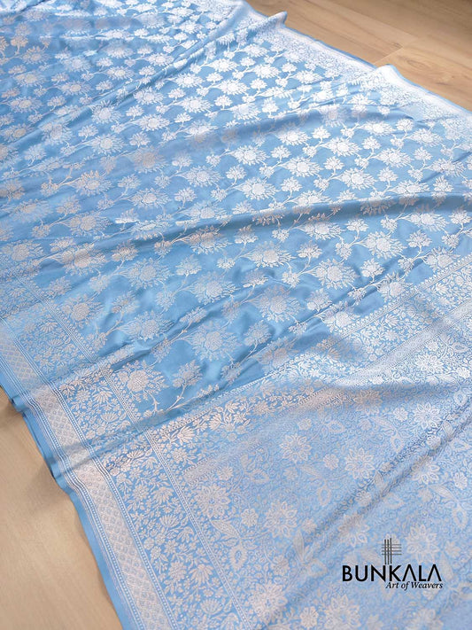 Light Blue Floral Pure Katan Silk Handloom Banarasi Saree