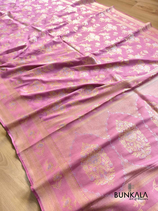 Dusty Rose Pink Flower Bunch Sona Rupa Weaved Banarasi Silk Saree