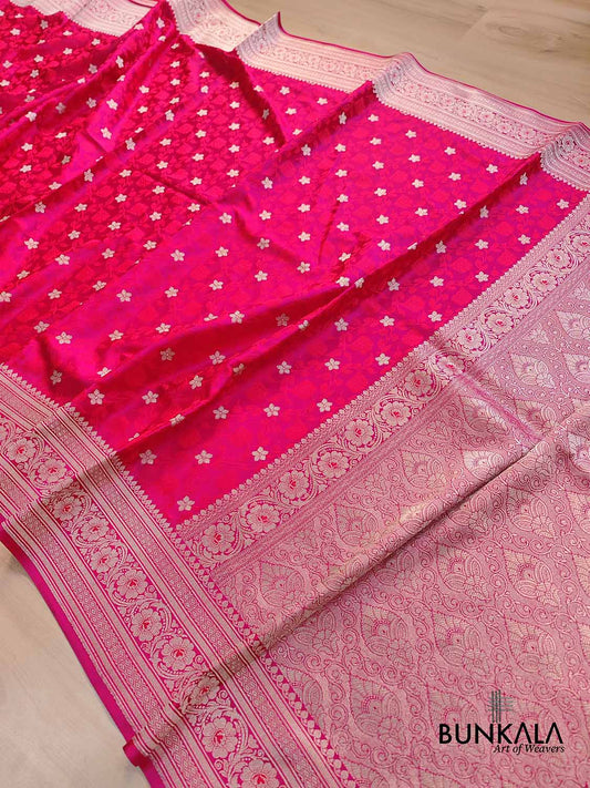Magenta Pink Floral Buti Jaal Jamewar Weaved Banarasi Soft Mashru Silk Saree