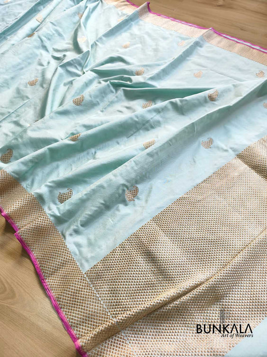 Ice Blue Ektara Designer Border Paisley Buta Kadwa Handloom Banarasi Pure Katan Silk Saree