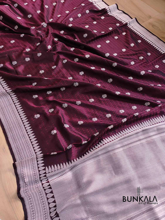 Wine Pure Katan Silk Jamewar Geometrical Design Silver Zari Kadwa Handweaved Allover Small Buti Banarasi Saree