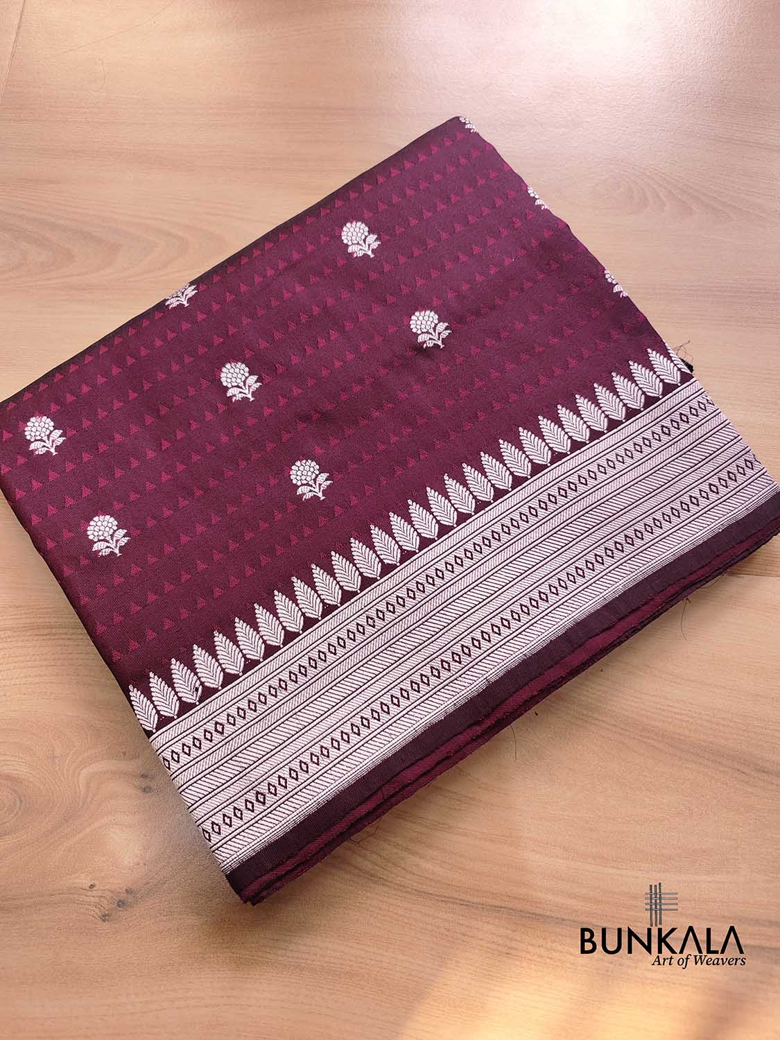 Wine Pure Katan Silk Jamewar Geometrical Design Silver Zari Kadwa Handweaved Allover Small Buti Banarasi Saree