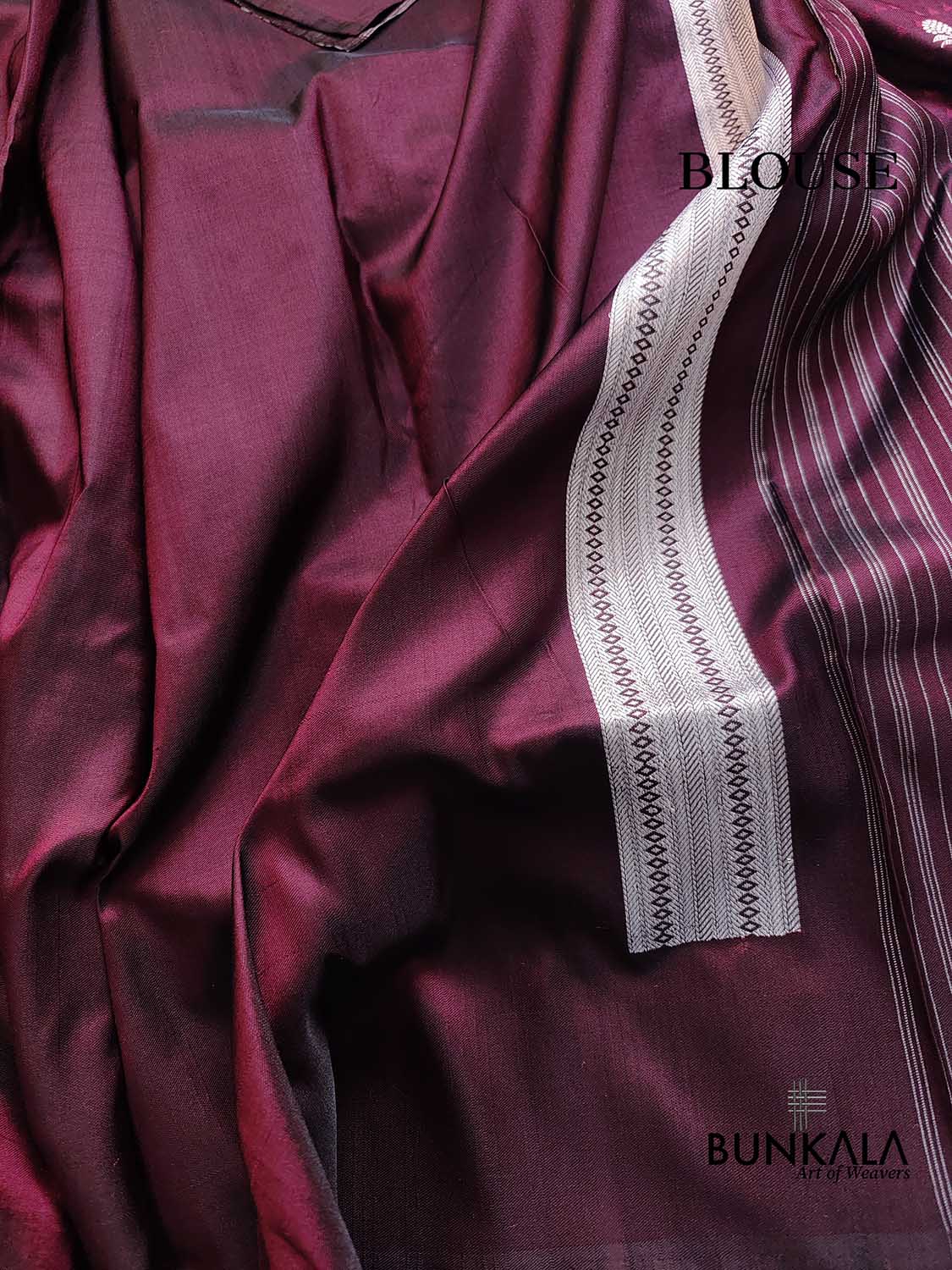 Wine Pure Katan Silk Jamewar Geometrical Design Silver Zari Kadwa Handweaved Allover Small Buti Banarasi Saree