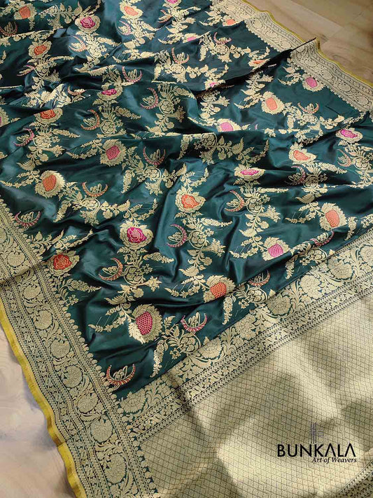 Bottle Green Pure Katan Silk Kadwa Handweaved Meenakari Jangla Design Banarasi Saree