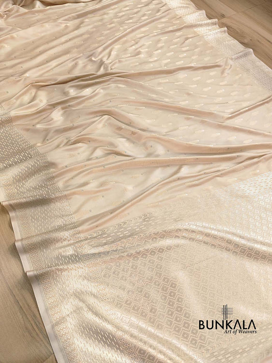 Beige Mashru Silk Jamewar Weaved Soft Mashru Silk Allover Buti Banarasi Saree
