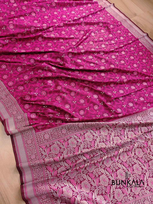 Magenta Pink Soft Mashru Silk Jamewar Weaved Floral Jaal Design Banarasi Saree