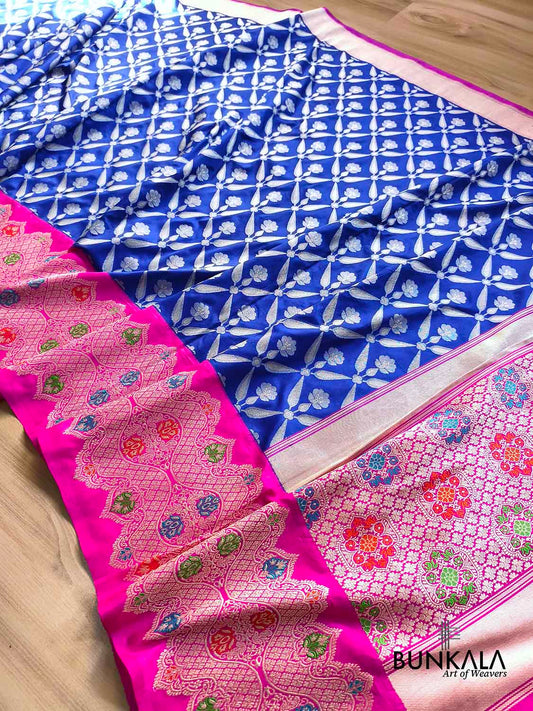 Royal Blue Pink Meenakari Big Border Tanchui Kadwa Hand Weaved Banarasi Pure Katan Silk Saree