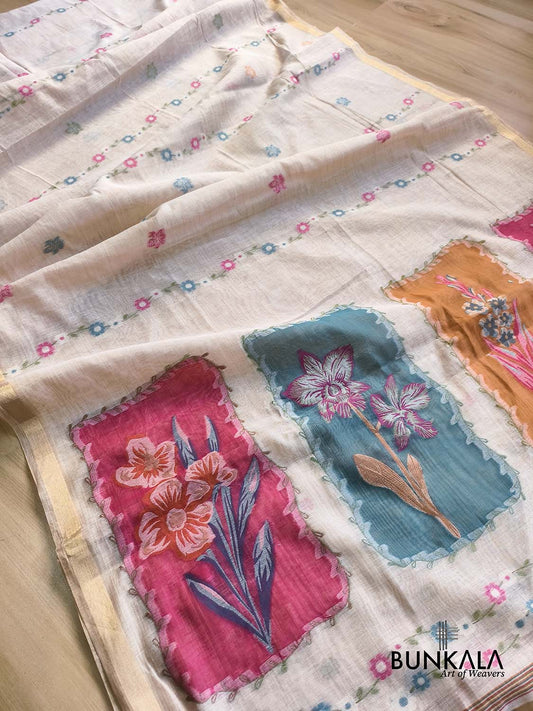 Ivory Rangkat Big Flower Motif Pallu Weaved Banarasi Cotton Saree