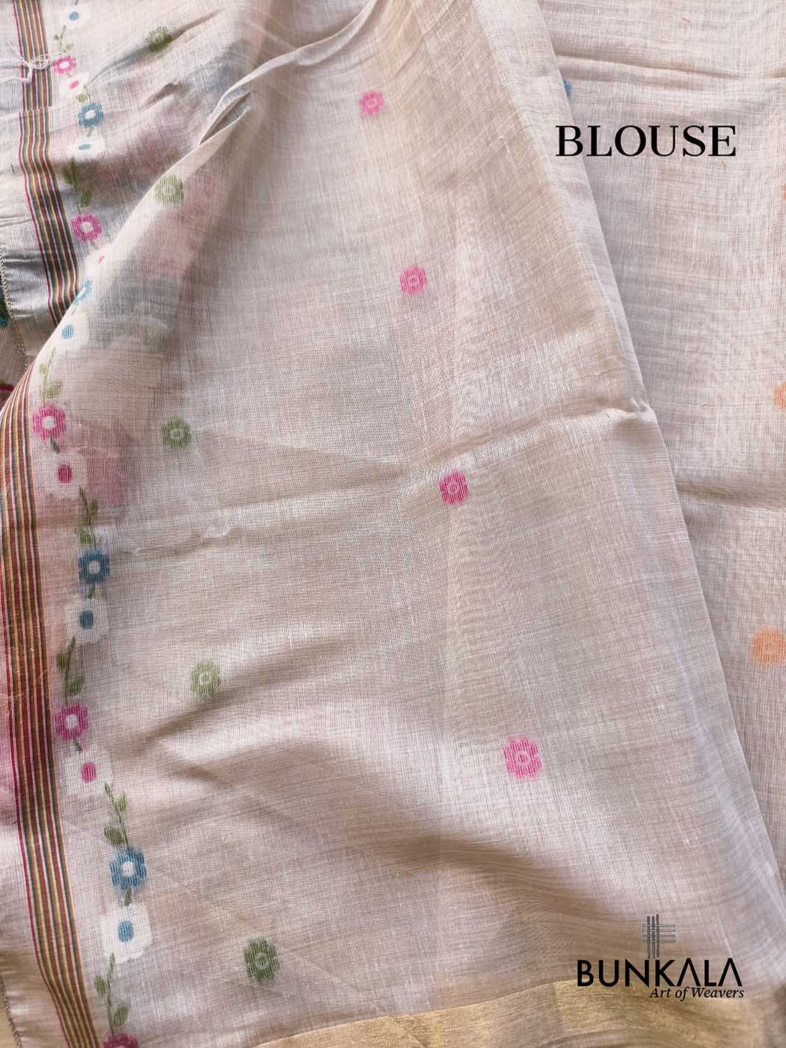Ivory Rangkat Big Flower Motif Pallu Weaved Banarasi Cotton Saree