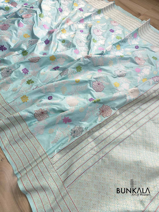 Pastel Sky Blue Pure Katan Silk Silver Zari Hand Woven Kadwa Jangla Floral Design Meenakari Banarasi Saree
