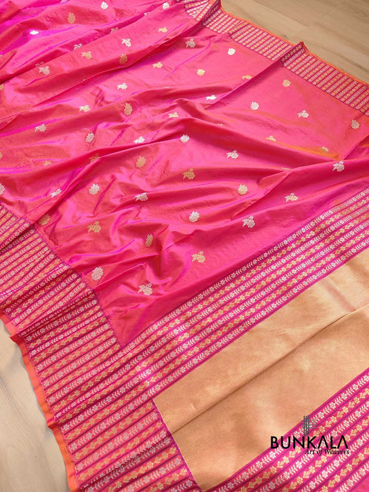 Pink Dual Tone Pure Katan Silk Sona Rupa Zari Hand Woven Kadwa Allover Flower Buti Stripe Border Banarasi Saree with Brocade Blouse