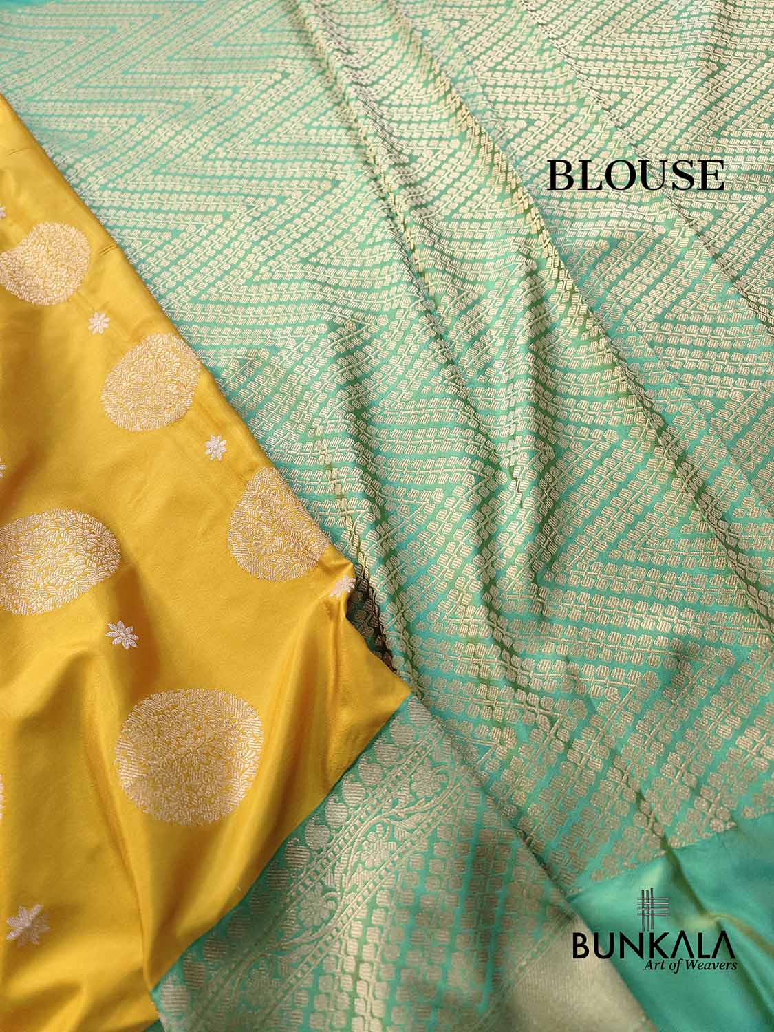 Mustard Yellow Kadwa Hand Weaved Big Round Buta Banarasi Pure Katan Silk Saree Contrast Border